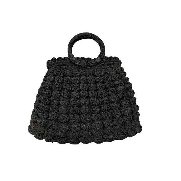 Vintage Black Crocheted Popcorn Stitch Handbag Small Purse Mid Century Used - Picture 1 of 16